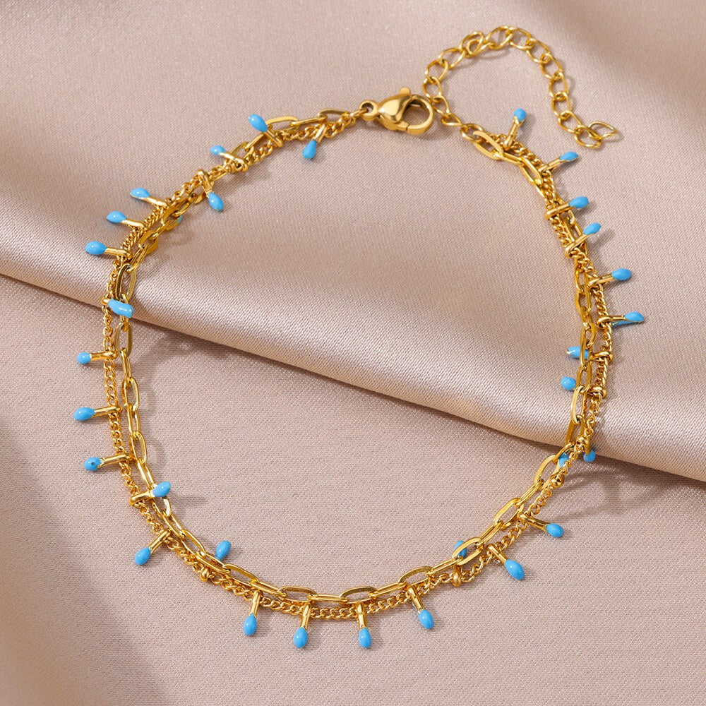 Cavigliera boho con perline turchesi in acciaio, dettaglio