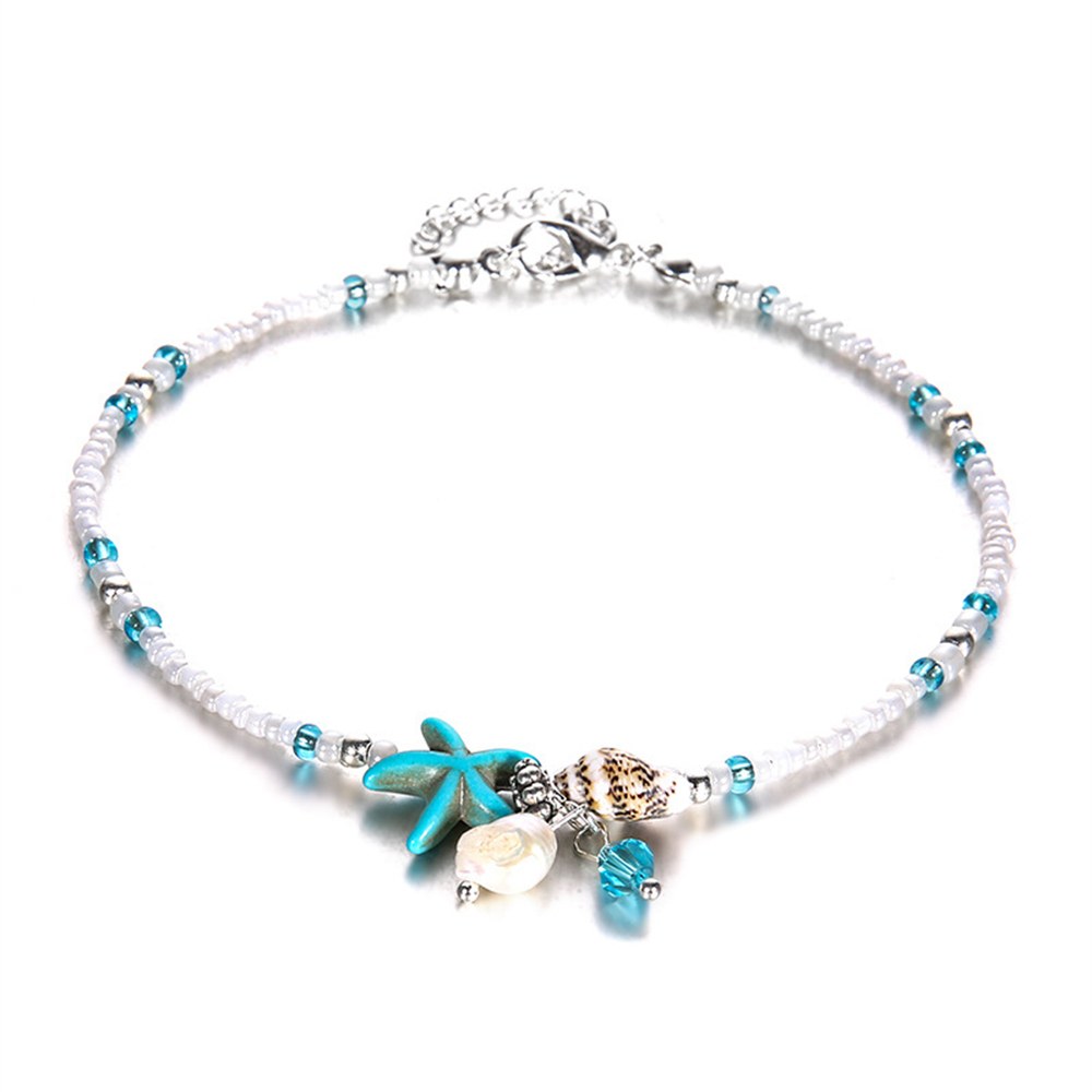 Cavigliera boho di perline con stella marina turchese, azzurra