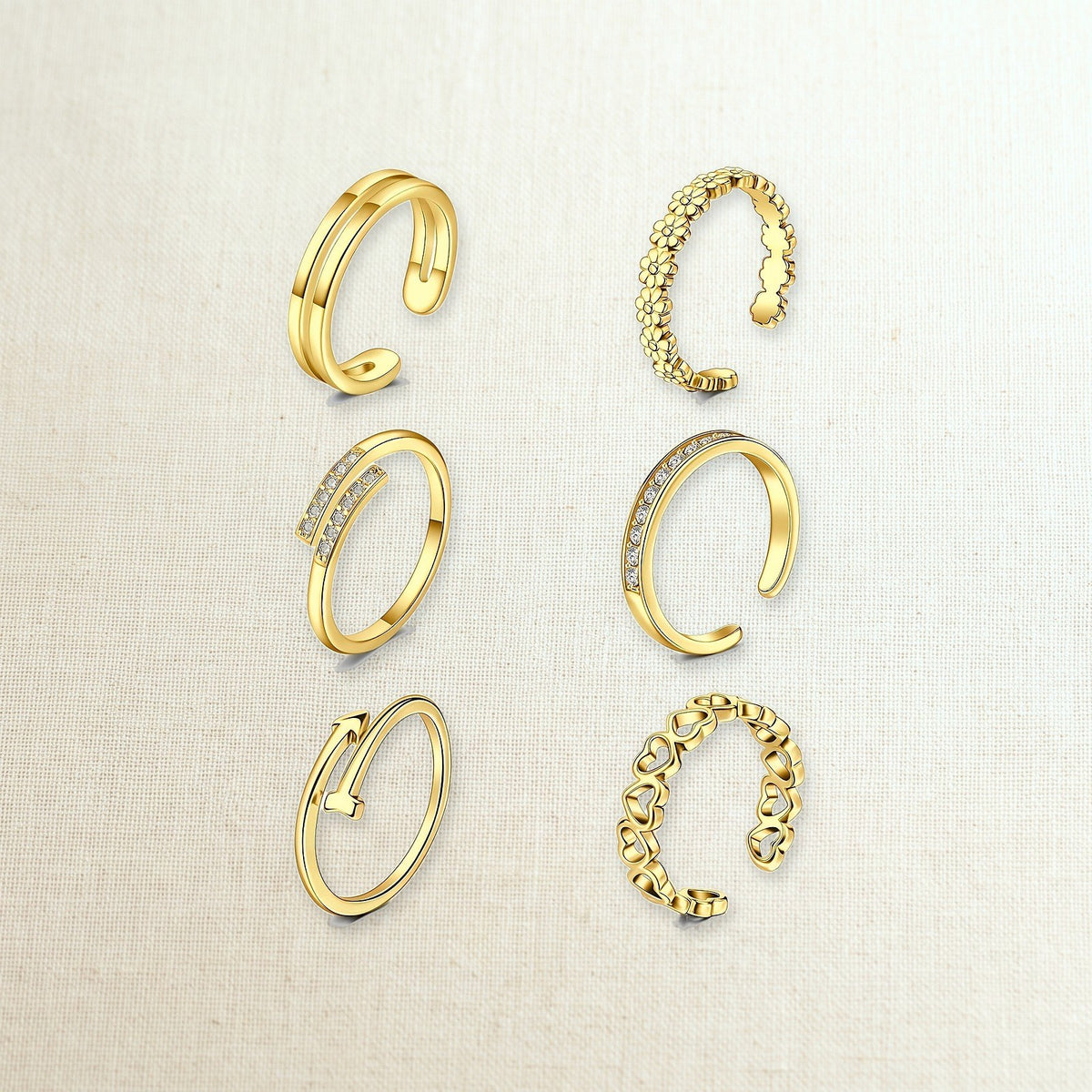 Set di 6 anelli per piedi in acciaio inossidabile, color oro